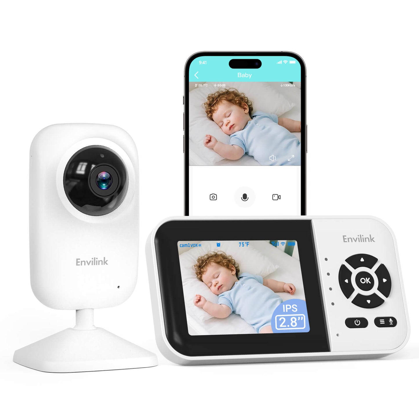 Envilink E28 white Baby Monitor with Camera and Audio